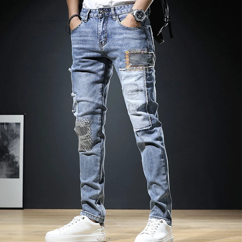 Spring New Arrival Men\'s Jeans Elastic Embroidered Patchwork Hip Hop Denim Pants Casual Style Slim Fit Cotton Trousers for Mens