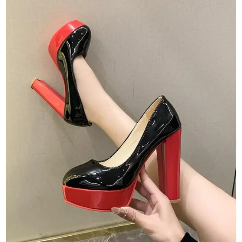 Black Patent Leather Super High Heels Platform Sandals For Women Sexy Open Toe Fetish Stripper Shoes   plus size 43