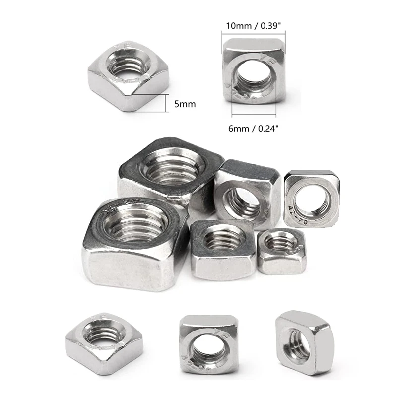 5/10/ 25/50pcs M3 M4 M5 M6 M8 M10 M12 A2-70 Stainless Steel Square Nuts