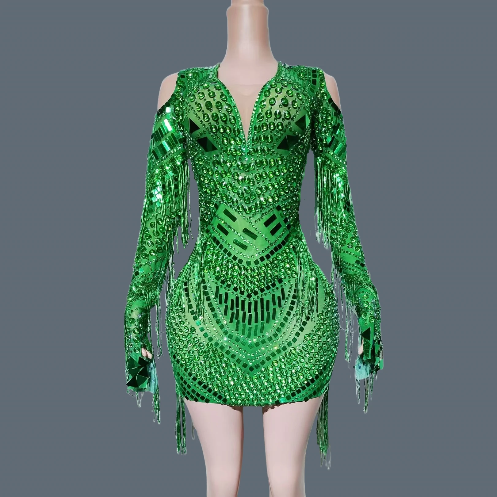 

Sexy Women Full Rhinestone Sequins Tassel See Through Mesh Mini Dress Streamer Theme Party Photo Shoot Wear gig Outfit Youzi