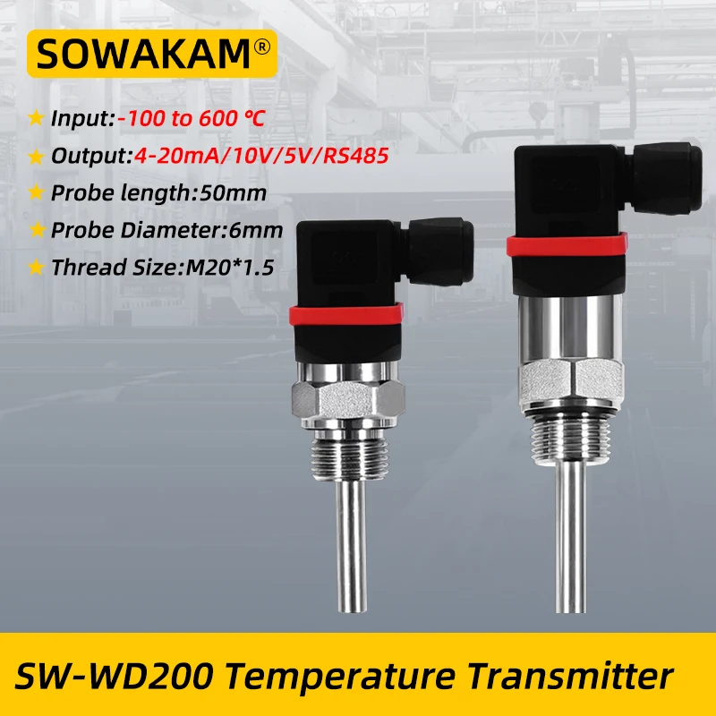 SWK-WD200 Plug-in Integrated Temperature Transmitter PT100 Thermal Resistance 4-20mA Output Sensor 50x6mm Plunger Probe