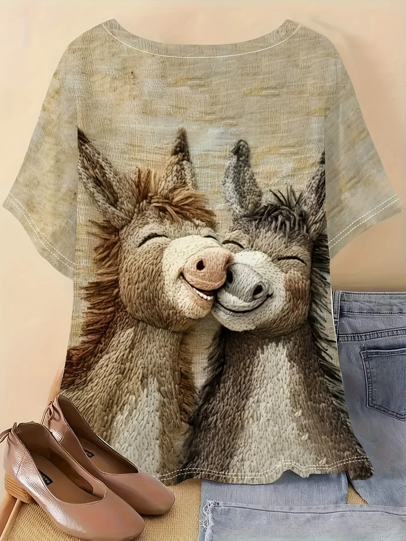 Women's T-shirt Cute Snuggling Donkey Realistic Print Crew Neck Short Sleeve Loose Fit Daily Casual Street Style women clothing
