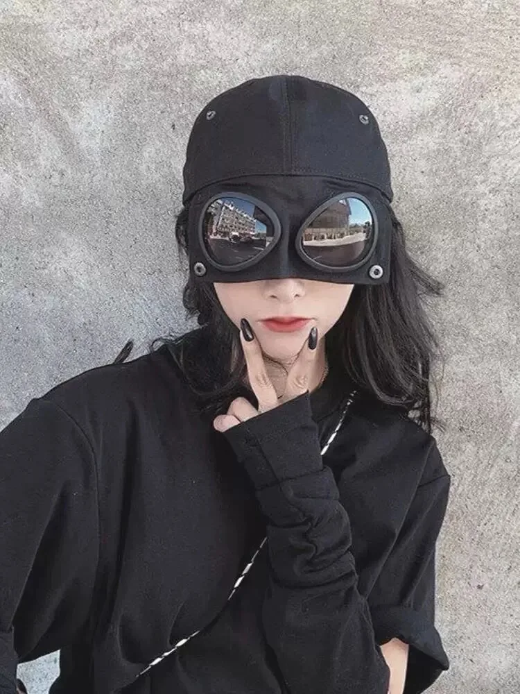Steampunk Aviator Goggles Baseball Cap Personality Vintage Hip Hop Streetwear Sun Hat for Men Women, UV Protection, Adjustable