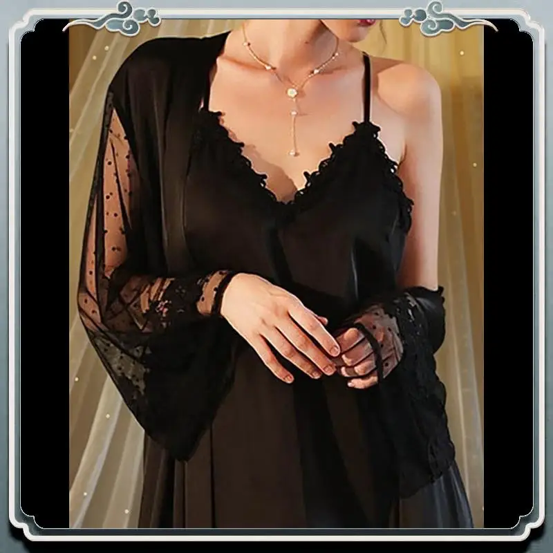 AC76-Women's Long-Sleeved V-Neck Satin Extra-Long Nightgown Spa Dressing Gown Bathrobe Nightgown Black S