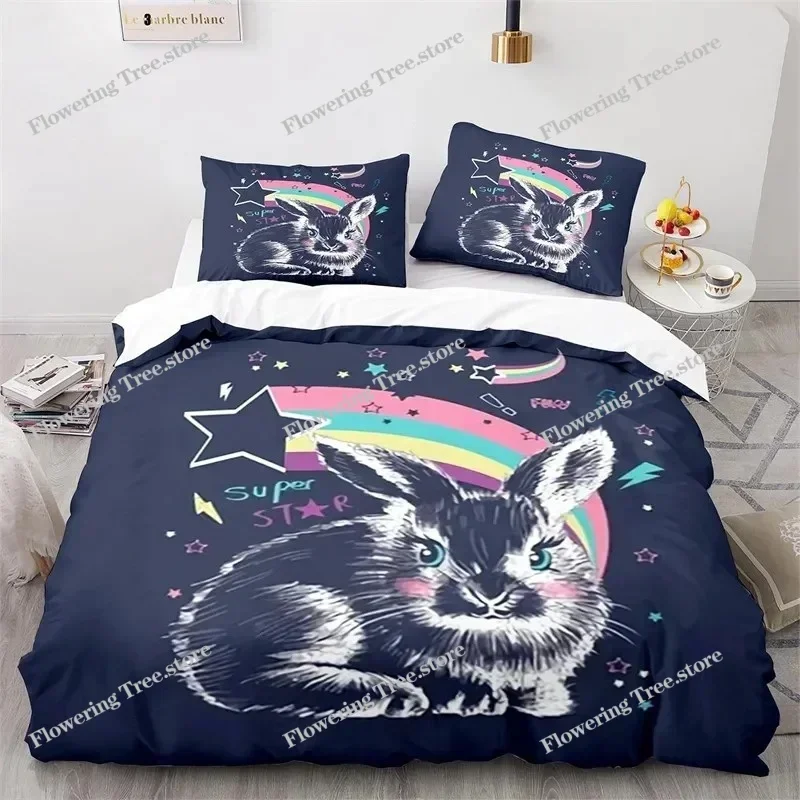 Cartoon Animal Duvet Cover Cute Rainbow Rabbit Bedding Set Microfiber Wildlife Quilt Cover Twin Size For Girls Boys Kawaii Room