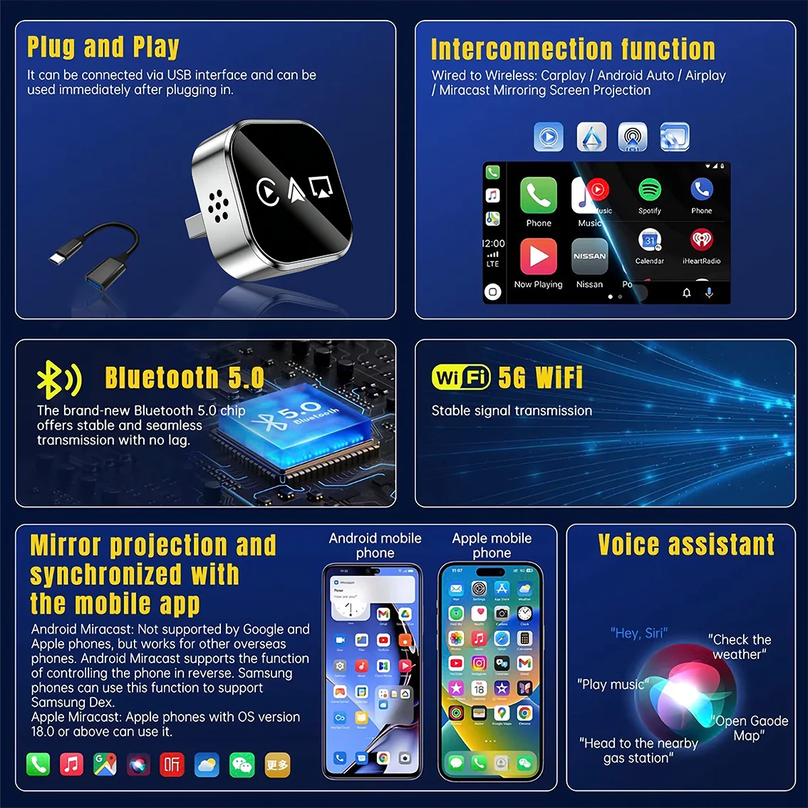 CarRocket Upgrade 4In1 Wired to Wireless CarPlay Android Auto AirPlay Mirror Link Stable Bluetooth Adapter For Audi Benz Toyota
