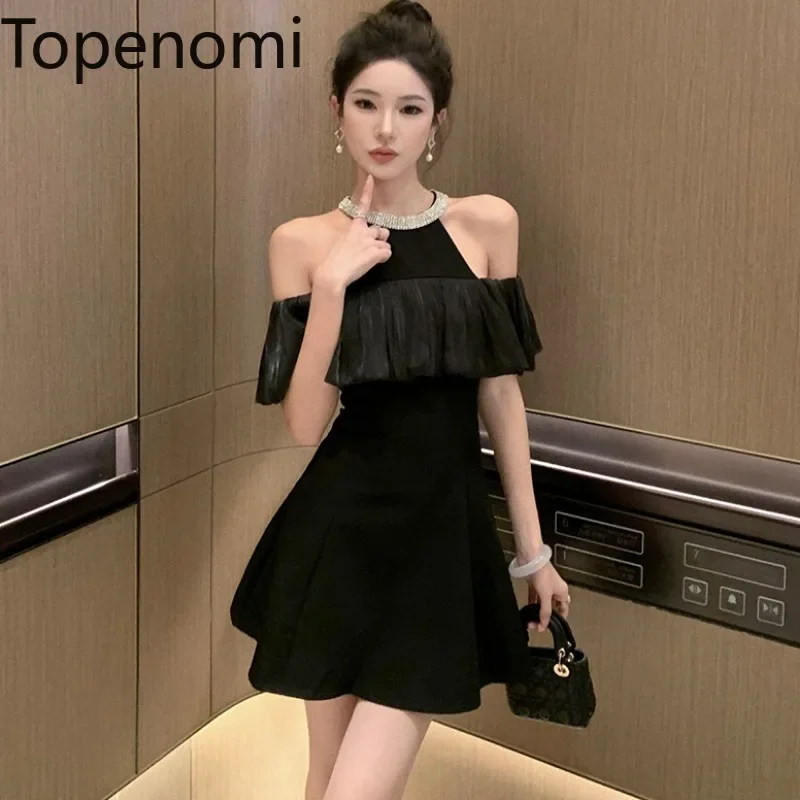 Topenomi Black Diamonds Halter Evening Dresses Women French Elegant Ruffle Waist A-line Short Party Vestidos Sexy Cocktail Gown