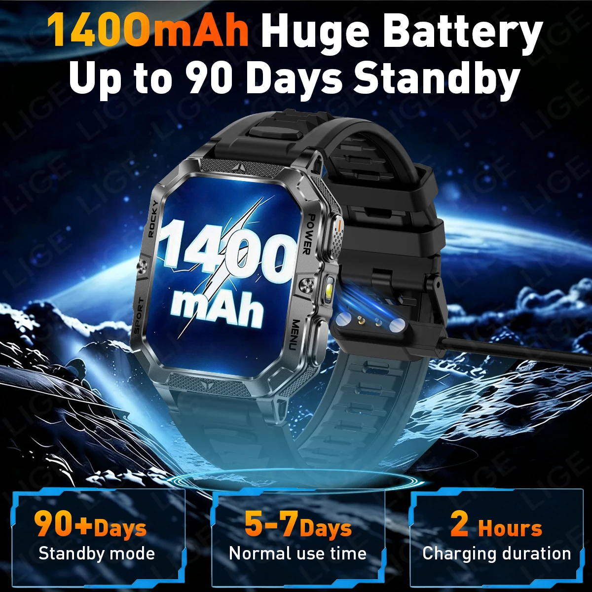 LIGE 1400mAh Battery Smart Watch 2026 Men Outdoor Flashlight IP68 Waterproof Heart Rate Bluetooth Call Military Sports Bracelets