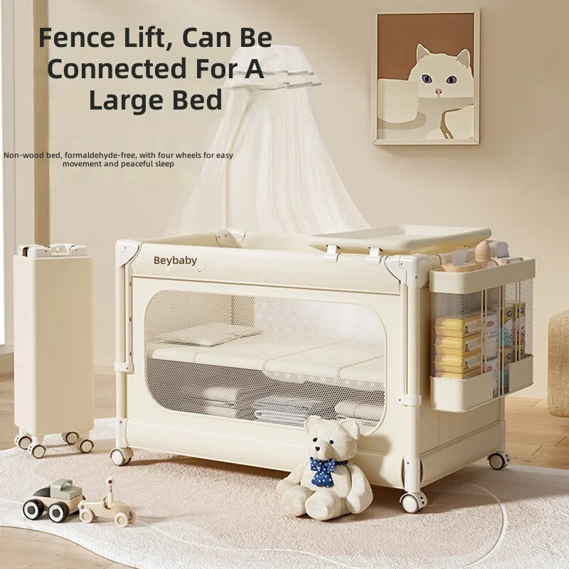 Baby Crib Multifunctional Portable Rocking Bed, Foldable, Adjustable Height, Diaper Changing Table, Mosquito Net