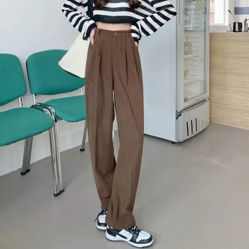 GELITAYIN Vintage High Waist Corduroy Pants Women Spring Fall Straight Causal Full Length Trousers Korean Fashion All Match Blac