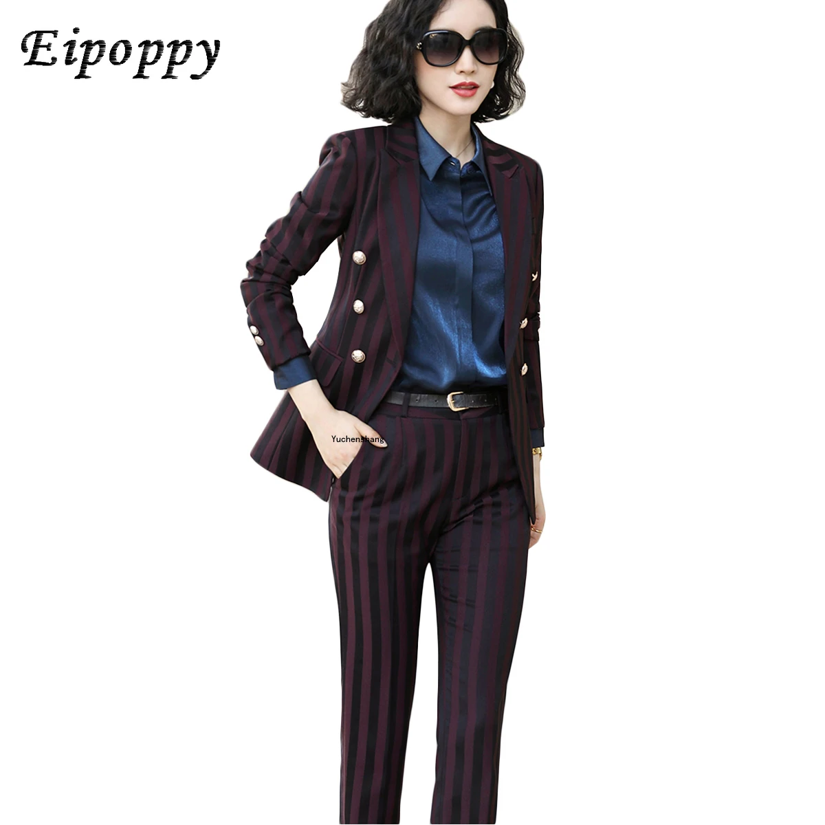 

Women Red Black Blue Striped Pant Suit High Quality Ladies Latest Design Single Breasted 2 Pieces Set for Work