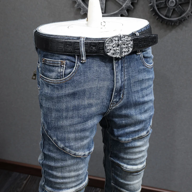 Street Fashion Men Jeans Retro Blue Elastic Stretch Skinny Ripped Jeans Men Zipper Spliced Designer Hip Hop Biker Pants Hombre