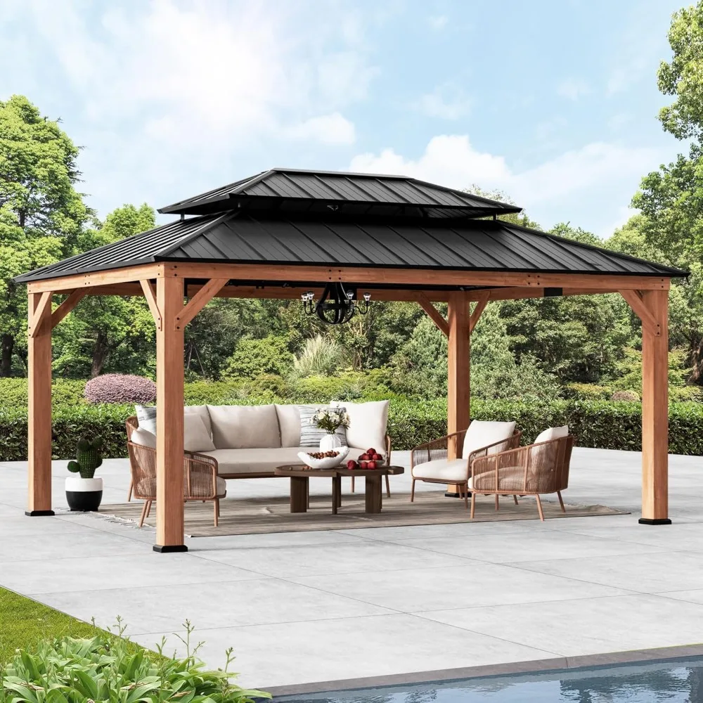 Modern Shade Rosewood Wood Gazebo 12' x 16', Cedar Framed Wooden Gazebo with Double Galvanized Steel Roof