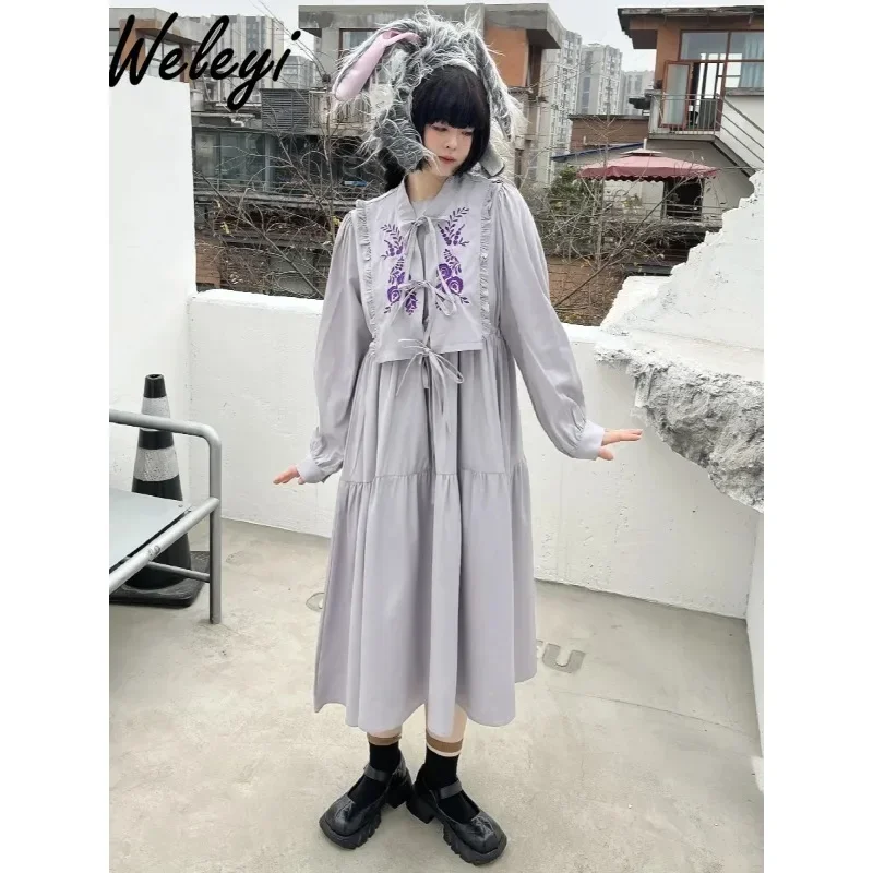 

Cute Plus Size Women's Dress 2024 Spring and Autumn French Style Chiffon Small Waist Gray Purple Embroidered Long Sleeve Dresses