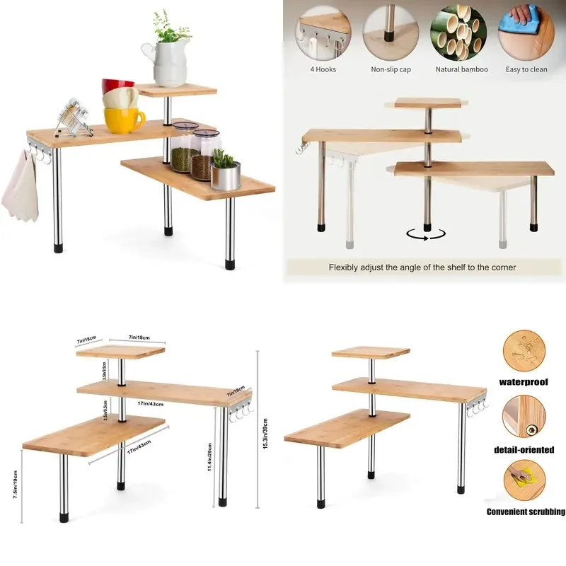 Modern 3 Tier Bamboo Corner Shelf Kitchen Storage Rack Space Saving Dish Organizer Household Spice Locker Efficient Desk
