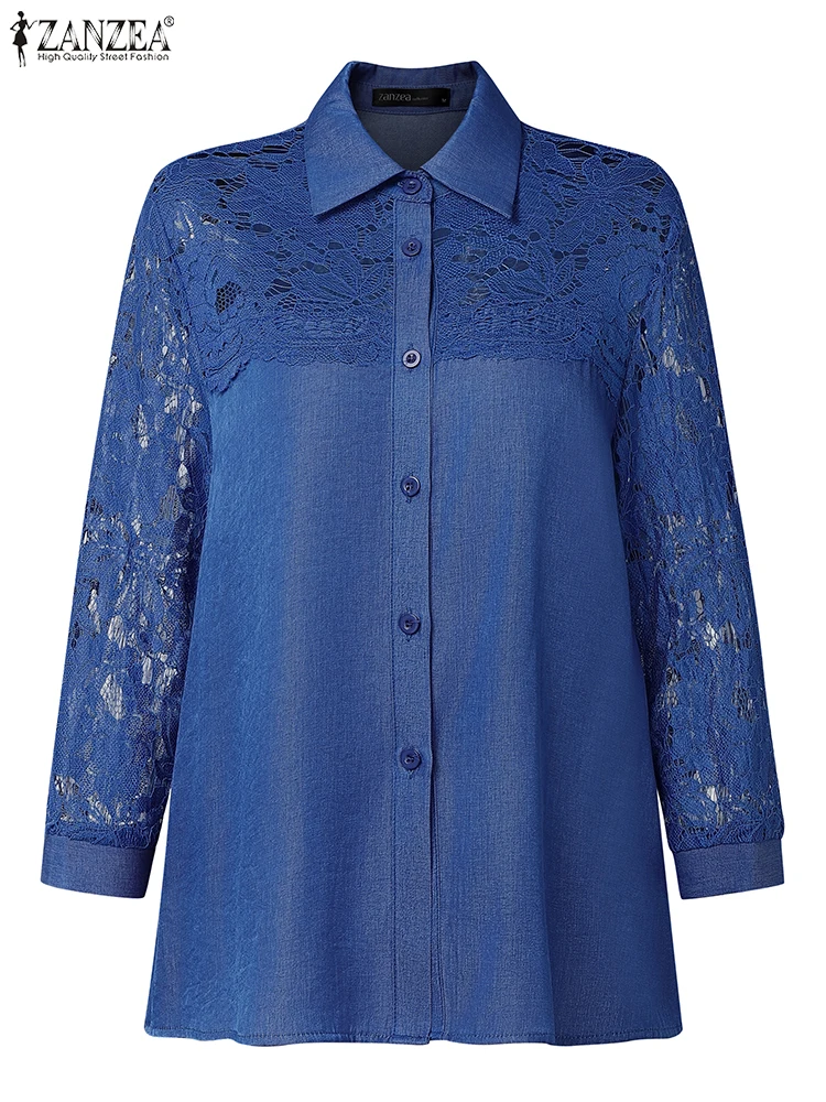 잔제아 우아한 여성 OL 셔츠 패션 오피스 레이디 블라우스 2025 가을 레이스 패치워크 속이 비치는 캐주얼 탑 버튼 블루사 여성용