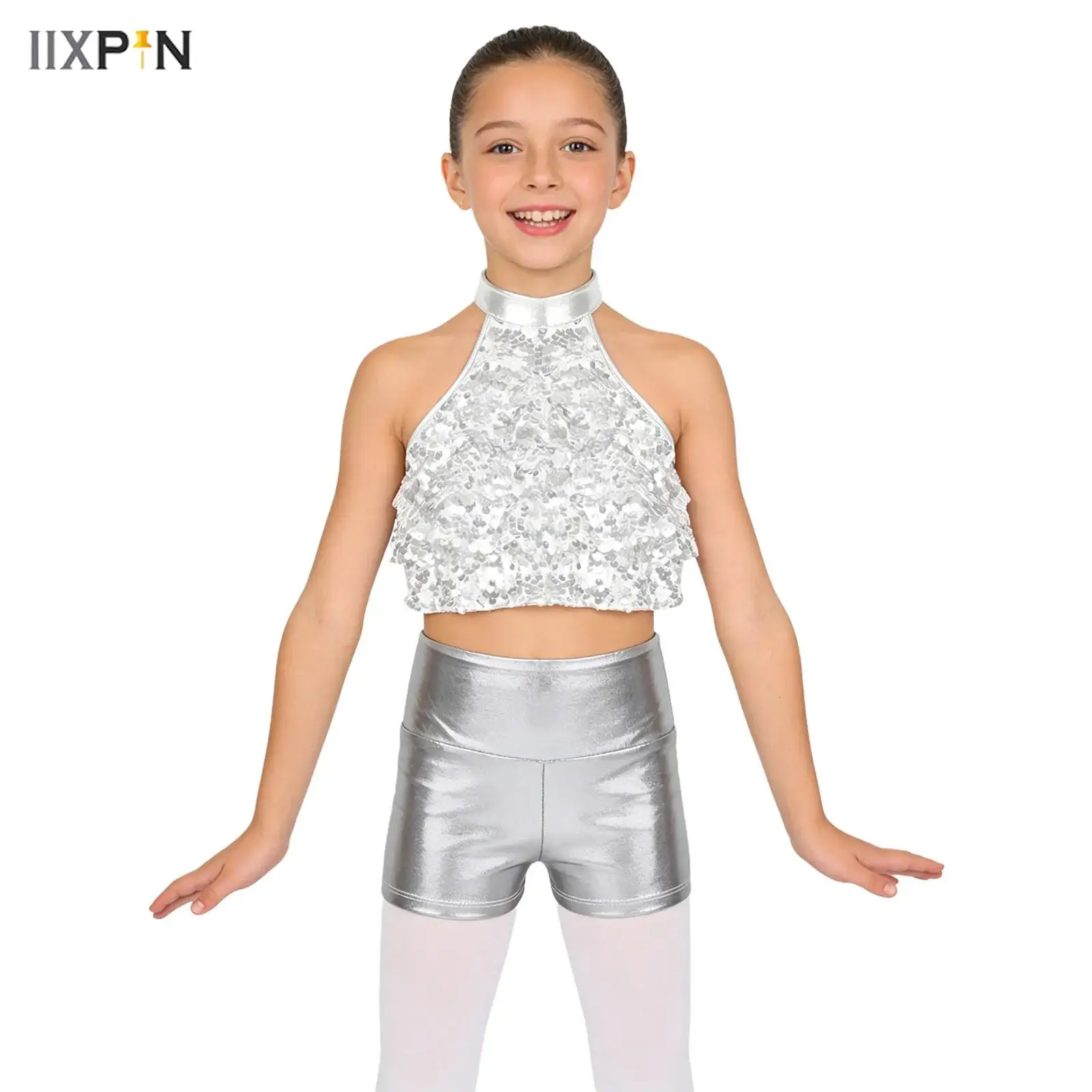 

Girls Sequins Jazz Latin Dance Outfits Halter Crop Top with Metallic Shorts Suit for Salsa Samba Rumba Cheerleading Performance