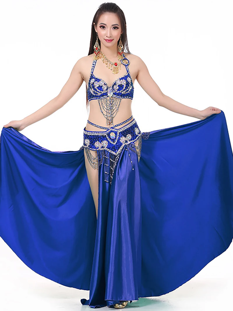 

Adult Women Indian Dancewear Belly Dance Beading Sequin Diamond Embroidery Stage Performance Costume Set Female Rave Outfits