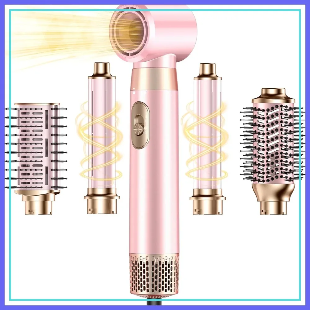 

5 in 1 Blow Dryer Brush Set, Detachable Hot Air Styling Tools, High Speed Travel Hair Volumizer Straightener Curler Pink
