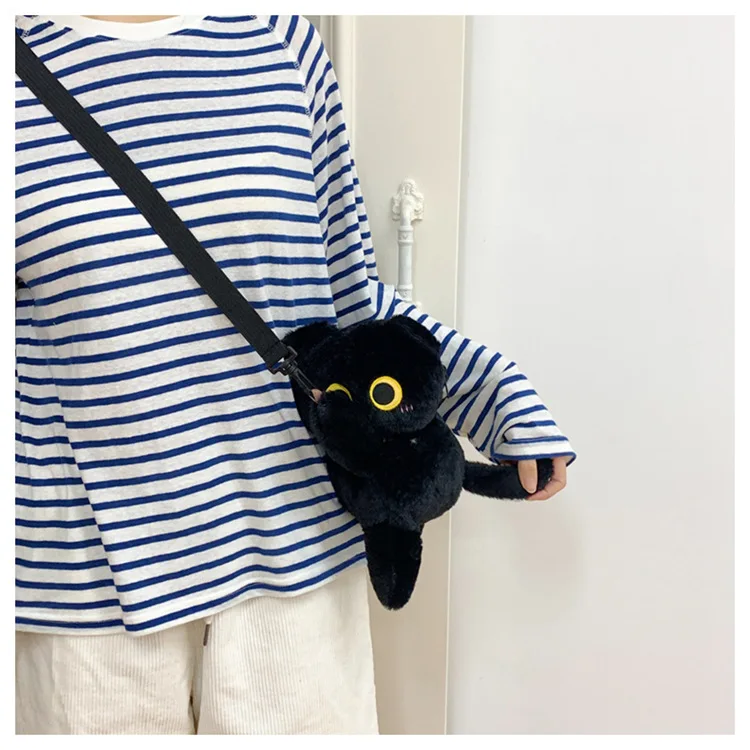 Schwarze Katze Rucksäcke Große Augen Kätzchen Puppe Plüsch Kawaii Kuscheltiere Umhängetasche Große Kapazität Stofftier Mode Umhängetasche – Detail 7
