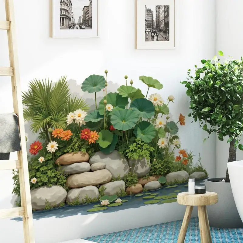 Pond Lotus Green Plants Viewing Wall Sticker Self-adhesive Art Landscape Wallpaper For Living Room Bedroom Home Wall Decor