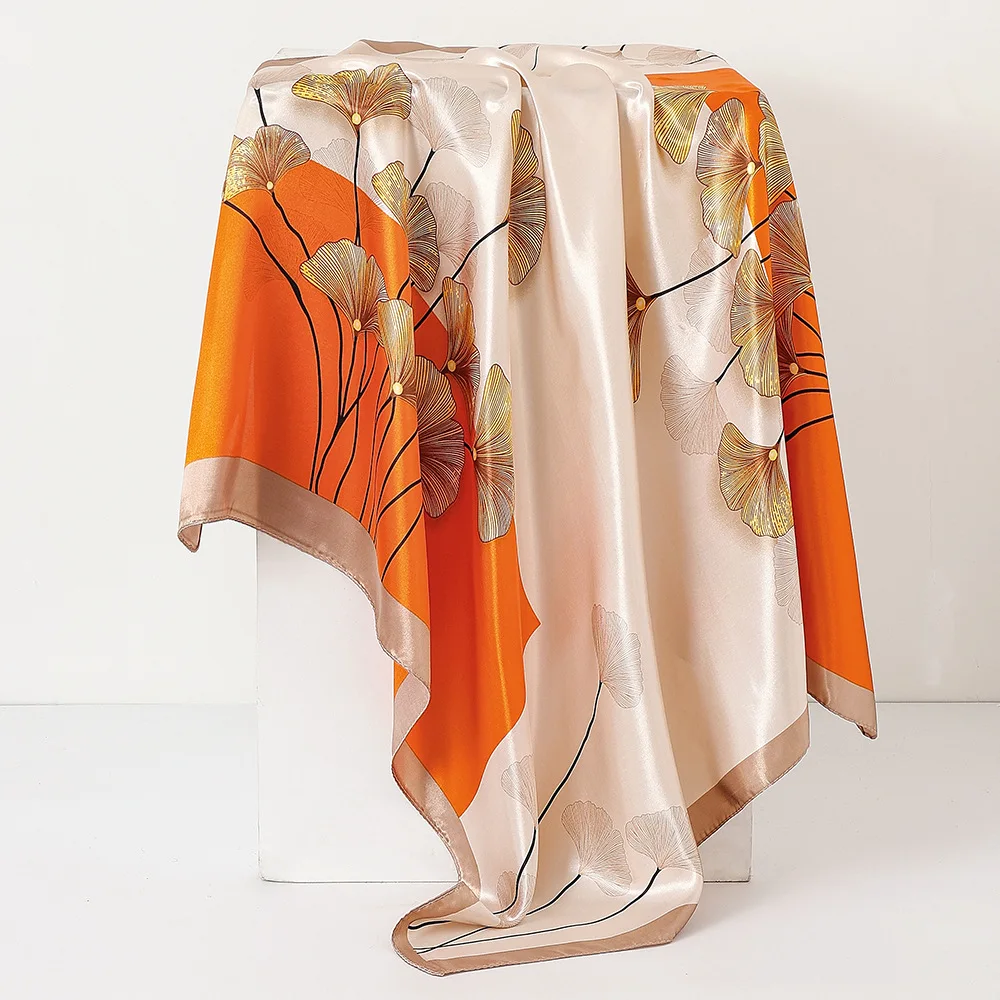 Design Satin Silk Imitation Shawl Hijab Scarf Women Print Ginkgo Leaves Sunscreen Beach Wraps Hijab Female Headkerchief Echarpe