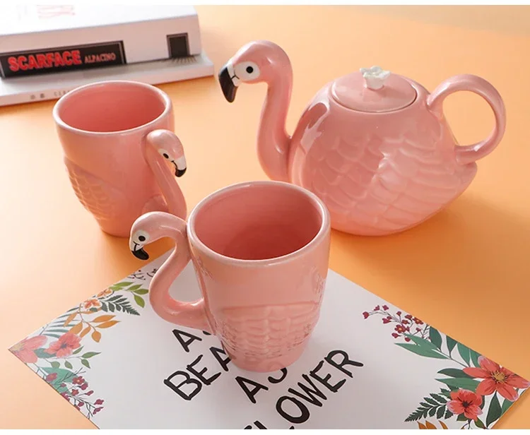 Exquisite 3D Flamingos Coffeware Sets Kung Fu Tea Set Chinese Tea Cup Ceramic Cups and Mugs Teapot Gaiwan Shu Puer Kettles Pot