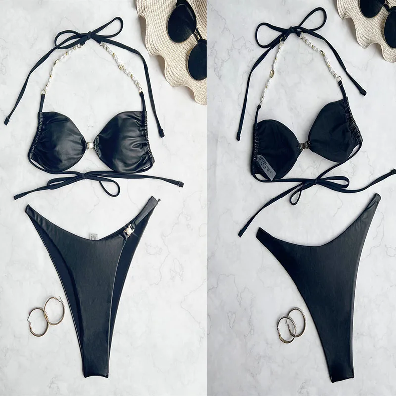 Traje de baño negro sólido conjunto de Bikini mujeres Tanga traje de baño brasileño traje de baño brillo sin espalda traje de baño 2024 mujeres playa Biquini