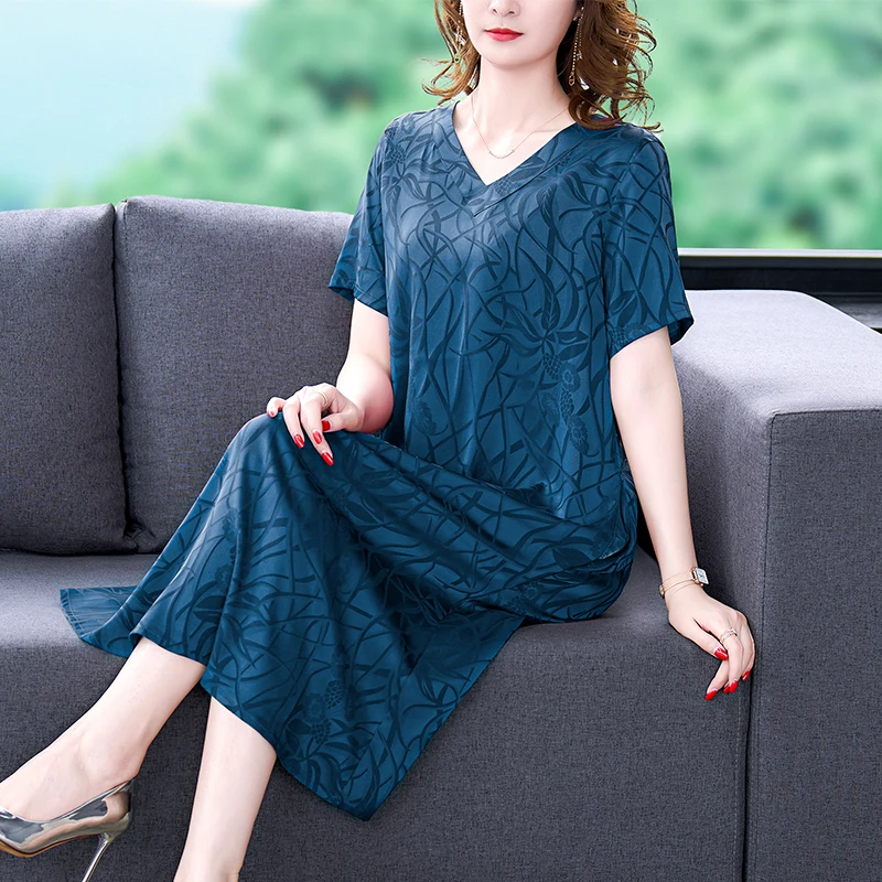 

2023 New Fashion Silk Printed Dress Women's Summer Vintage V-neck Short Sleeve Loose Fit Casual Holiday Dress Vestidos