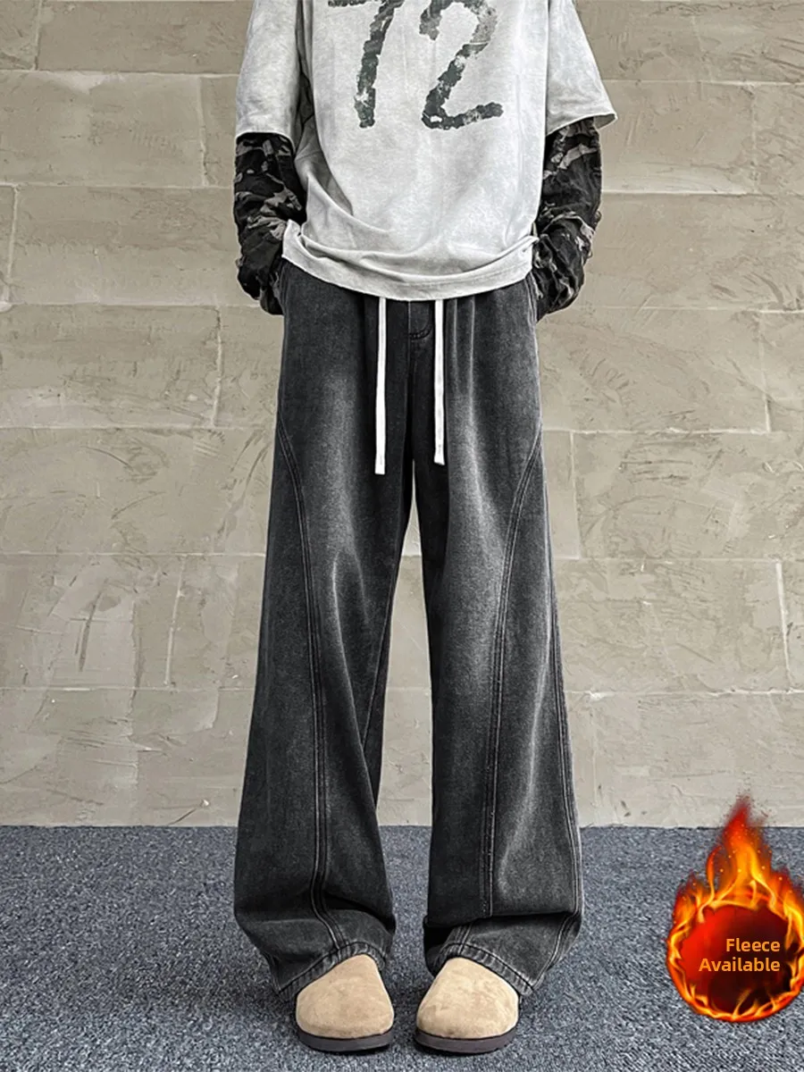 

American Sle Loose Fit Men's Jeans Autumn Winter Straight Leg Wide Leg Casual Haome Fce Lined Knife Crop