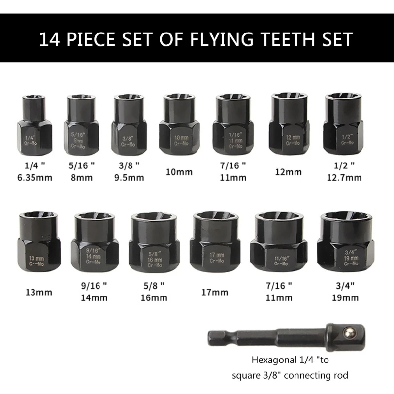 14Pcs Extractor Set & Nut Remover Stripped Lug Remover Extraction Socket Set for Removing Damaged