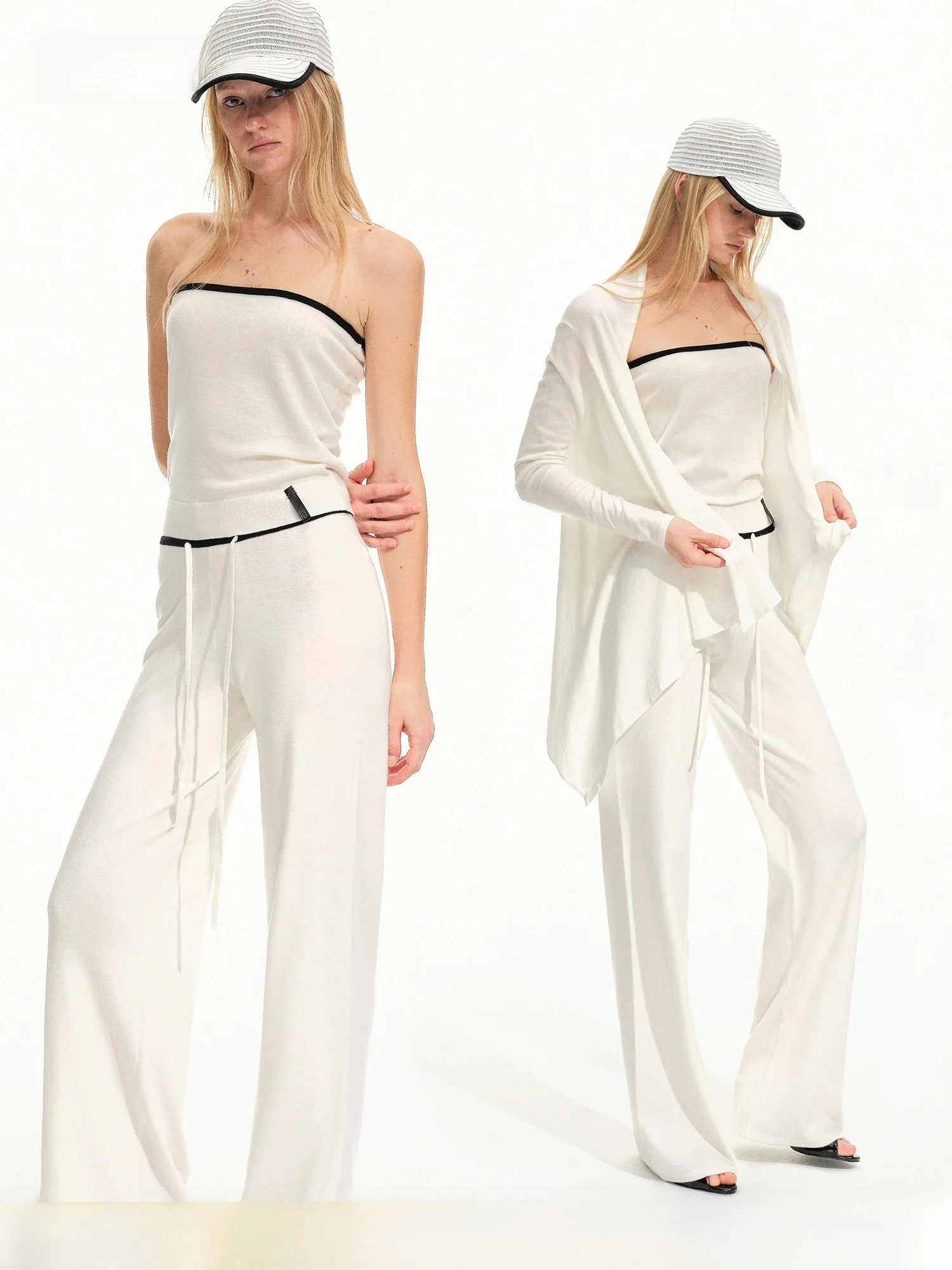 PRRP Knitted Asymmetrical Hem Open Cardigan Color Block Bustier High Waist Casual Pants Three Piece Set Women's Fashion Ensemble