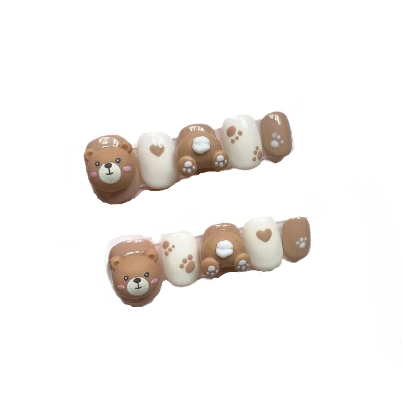 10Pcs /Set False Nails Full Cover Fake Nail Press on Nails Diy Handmade Patch Removable Brown Cute  Butt-bear Cartoon Short