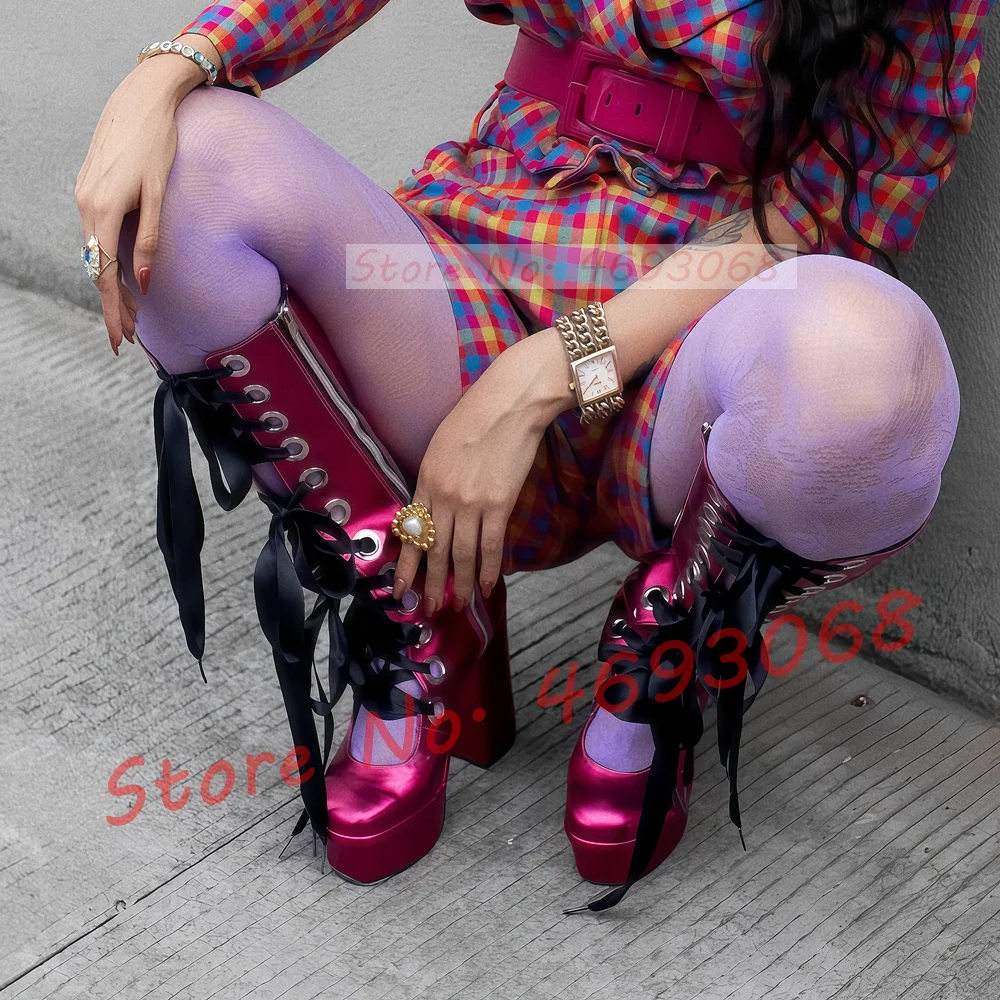 Ribbon Cross-strap Platform Knee High Boots Women Sweet Round Toe Lolita Satin Chunky High Heels Ladies Fashion Puttee Shoes