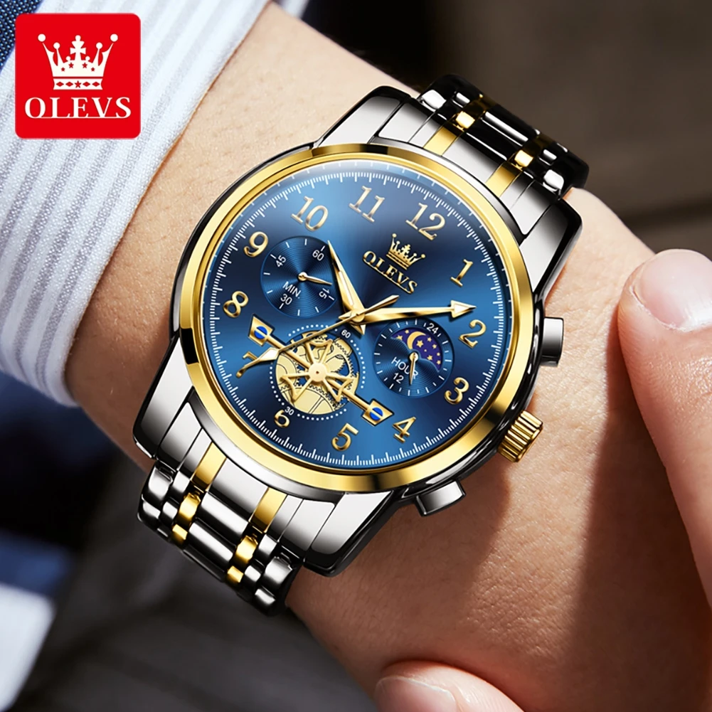 OLEVS-reloj de cuarzo para hombre, cronógrafo multifuncional de alta calidad, resistente al agua, de acero inoxidable, fase lunar, nuevo, 2900