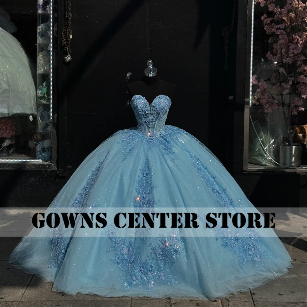 Glitter Blue Lace Applique Sweetheart Ball Gown Quinceanera Dress Mexican Princess Sweet 15 Dress Corset Vestidos De 15 Año