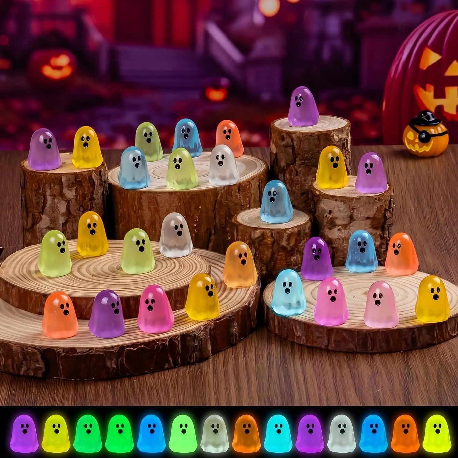 24Pcs Glow In Dark Mini Ghost Resin Figurines 8 Colors Halloween Tiny Figures Hide Dollhouse Micro Landscape Ornaments Party
