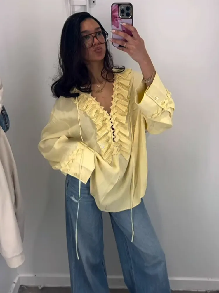 

Elegant Ruffle Chiffon Yellow Loose Top Women Long Sleeve V-neck Lace Up Blouse 2025 Pleated Detail Casual Commuter Streetwear