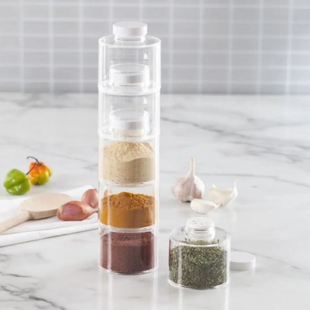 

6Pcs Seasoning Tower Stackable Transparent Plastic Refillable Sugar Salt Spice Storage Tower for Kitchen Condiment Bottles