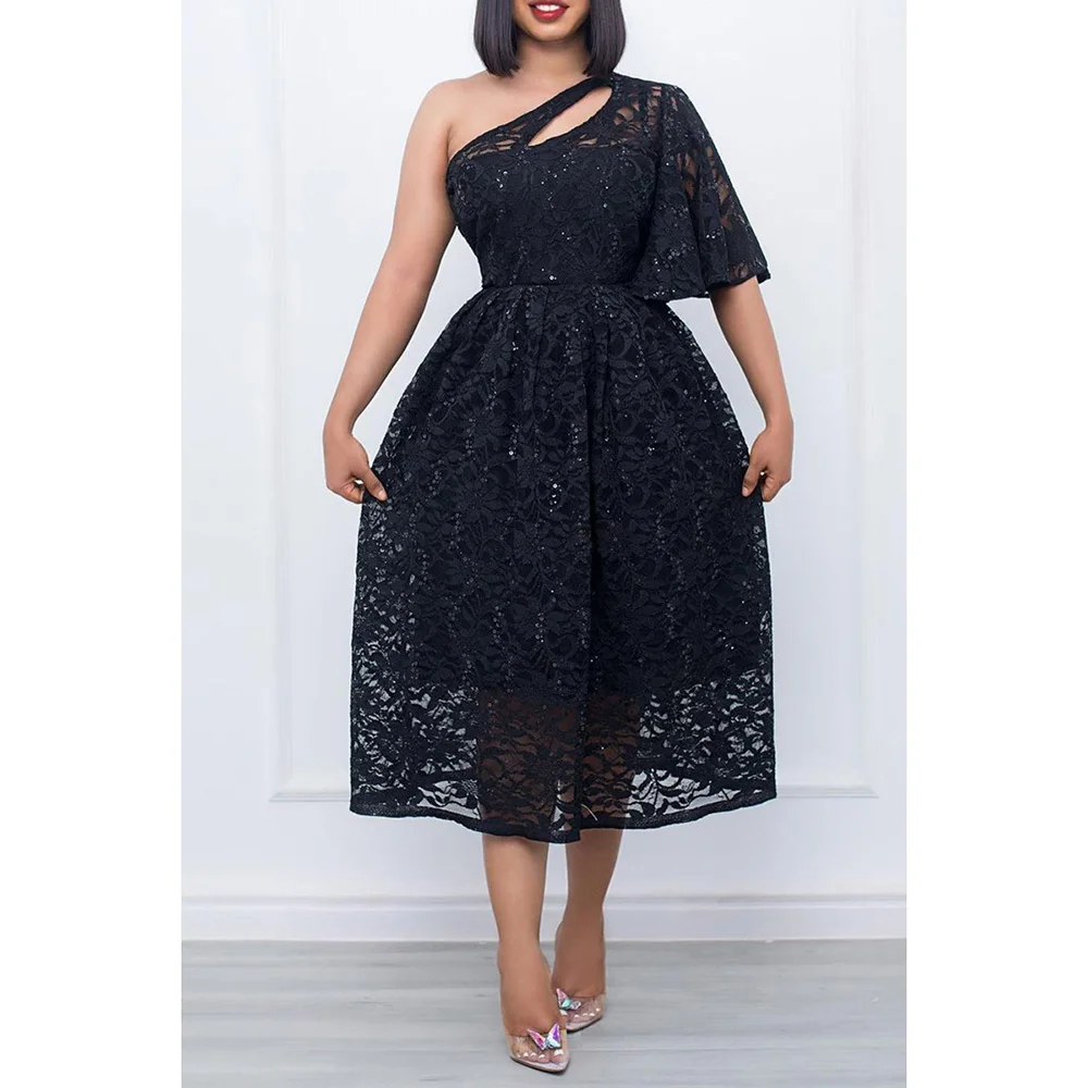 Plus Size Black Daily One Shoulder Lace Cut Out Midi Dresses