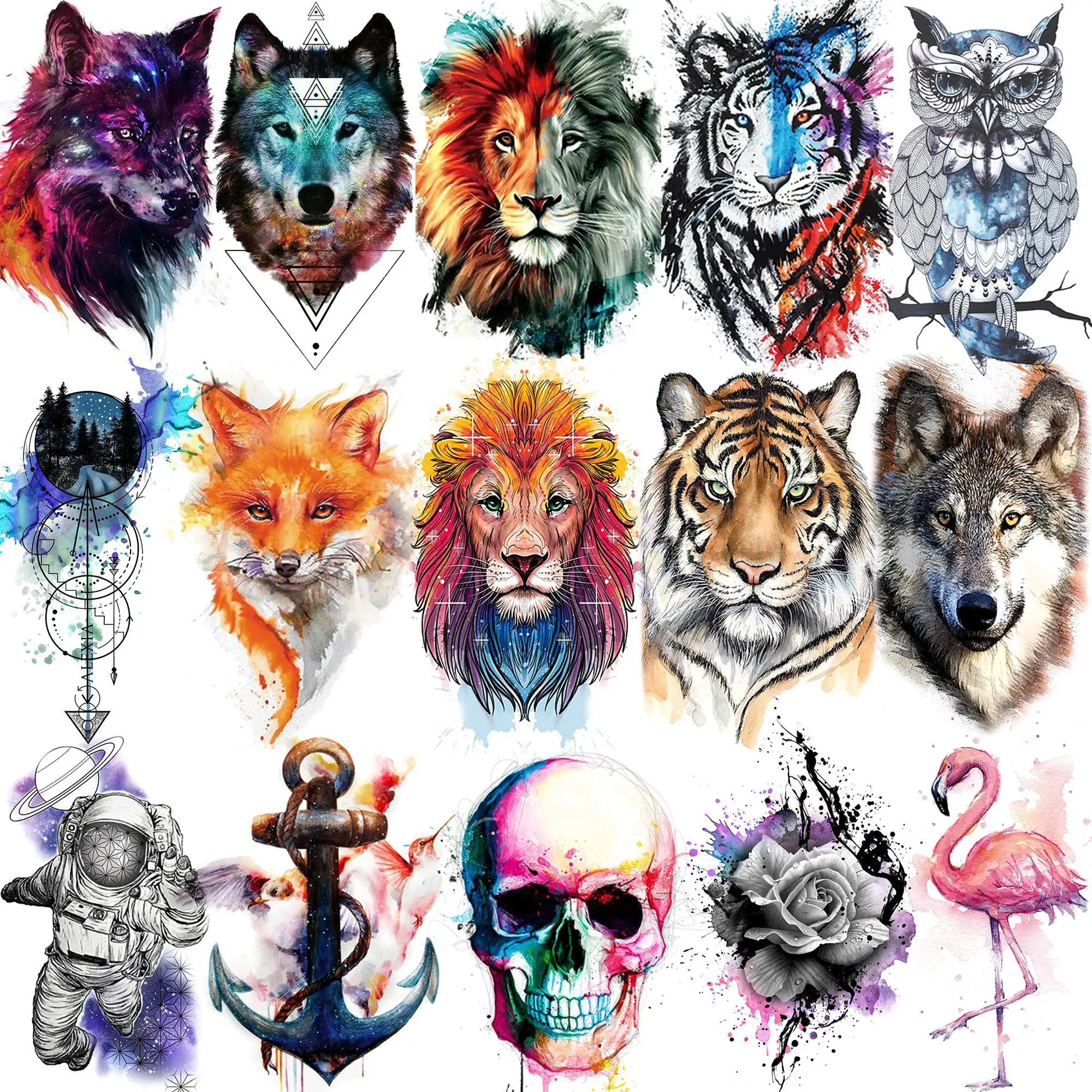 15 Sheets Watercolor Animals Temporary Tattoos For Adults Arm Hands Fake Tattoo Sticker Flash Lion Wolf Tiger Tatoos Painting