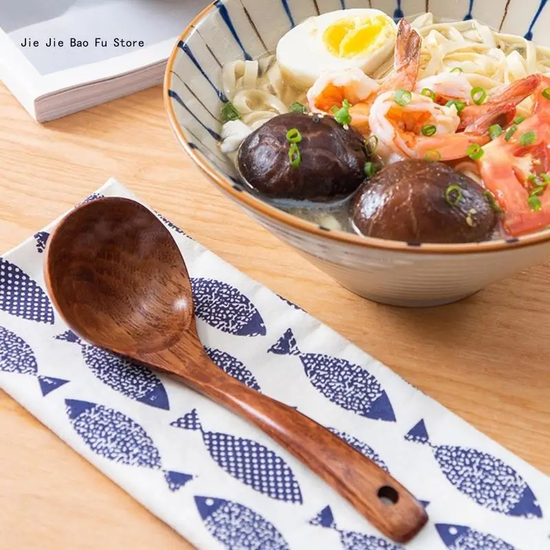 

E8BD Soup Spoon Natural Japanese Wooden Soup Porridge Ramen Rice Long Handle Spoon Cutlery Suitable for Family Restaurant