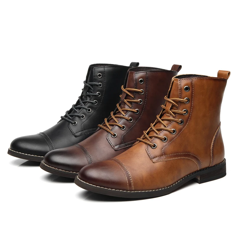 

Men's classic leather ankle boots - Brown casual high-top lace-up casual boots, available in both fleece and non-fleece options