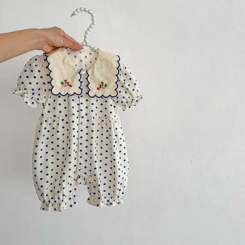 2023 New In Summer Puff Sleeve Dot Embroidery Flower Ruffles Outfits Infant Kids Baby Girls Jumpsuits Newborn Cotton Romper