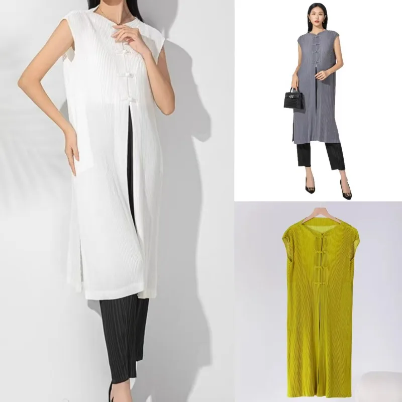 

Miyake плиссированная женская куртка-лошадь, новинка зимы 2021, Cheongsam, однотонная блузка без рукавов с пряжкой в стиле ретро, средней длины