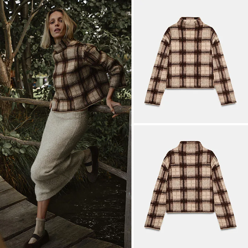 

Simple f High Ne Color Blo Effect Plaid Knitted Sweater New Arrival Autumn Women's Casual Sle Regular Fit Long Sve