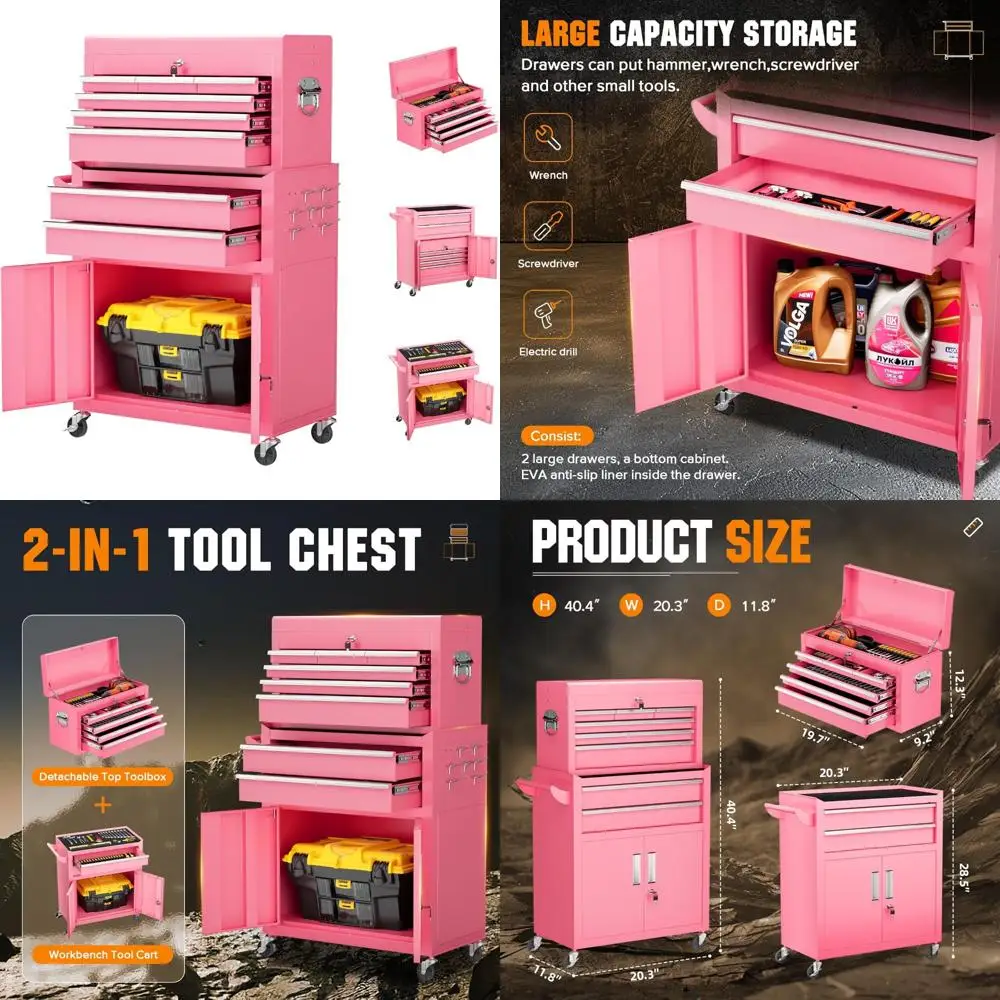

Heavy Duty Rolling Tool Chest Cabinet Combo with 8 Drawers - Lockable Steel Garage Storage Box on Wheels - Detachable and Black