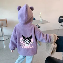 2024 New Girls Winter Coats Teen Kids Miniso Sanrio Kuromi Polar Fleece Jacket Fashion Children Warm Princess Cardigan Outerwear