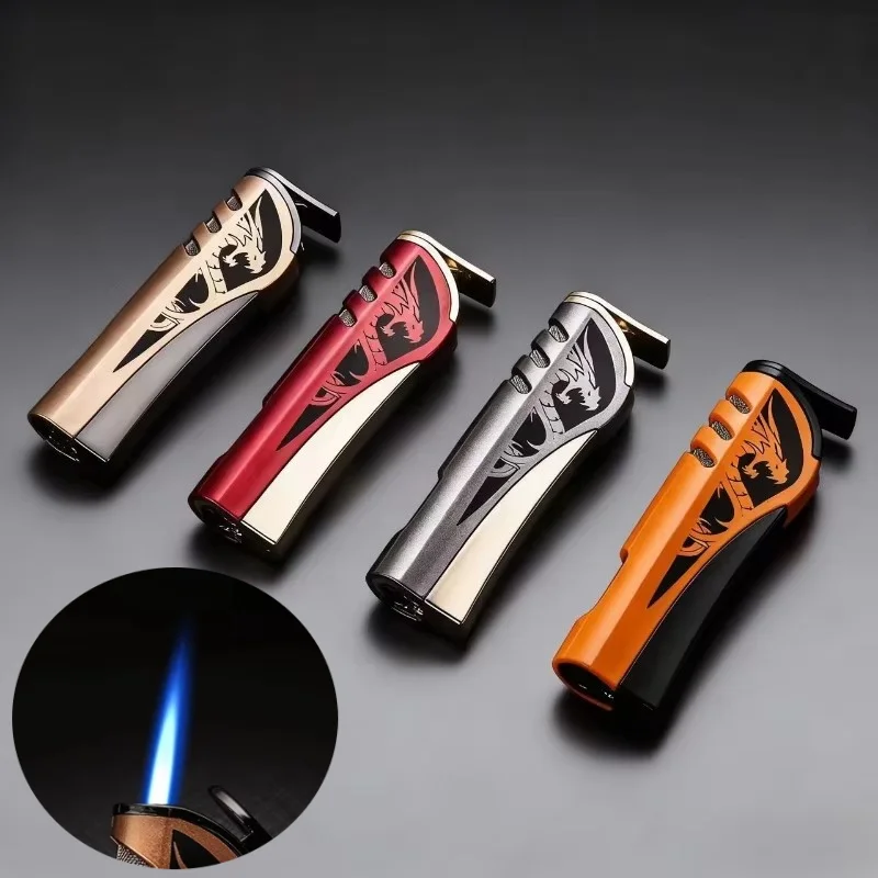 Metal Viewable Window Chinese Loong Inflatable Lighter Windproof Jet Blue Flame Torch Butane Cigarette Lighter Men's Gadget