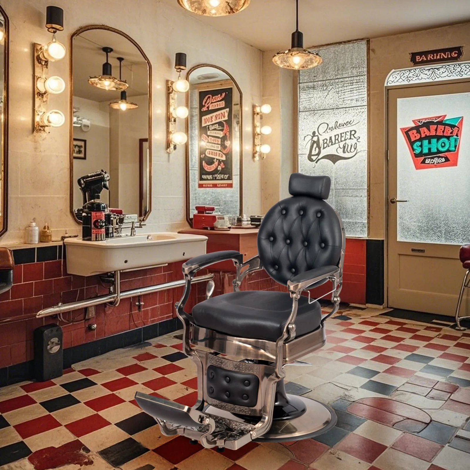 Adjustable Vintage Barber Chair with Memory Foam Seat, 135° Recline, Aluminum